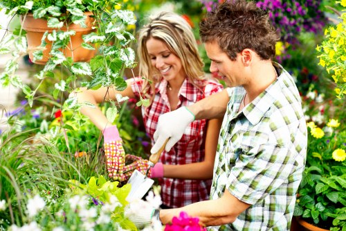 Close-up of gardeners discussing a maintenance plan